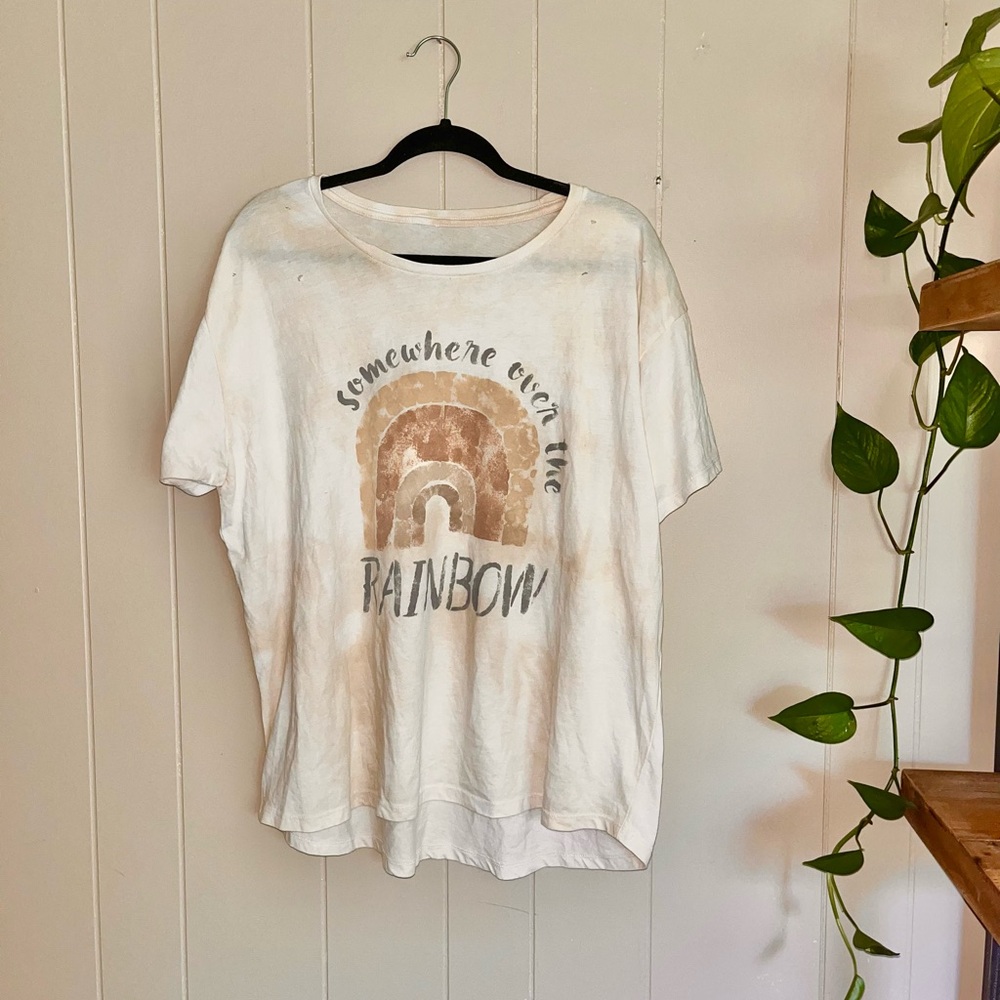 White Graphic Tee with Rainbow Design